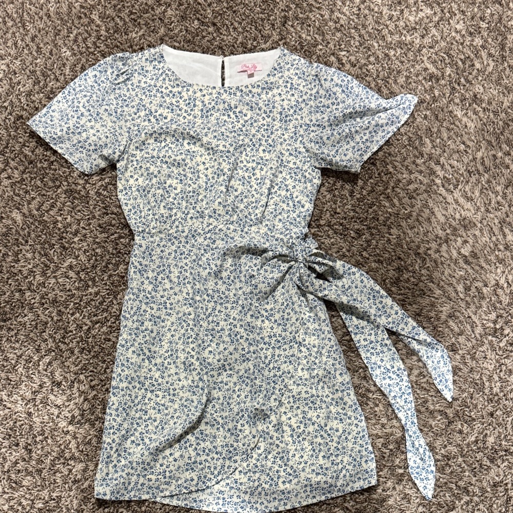 Pink Lily Cream Dress with Blue Floral Print and Tie Waist